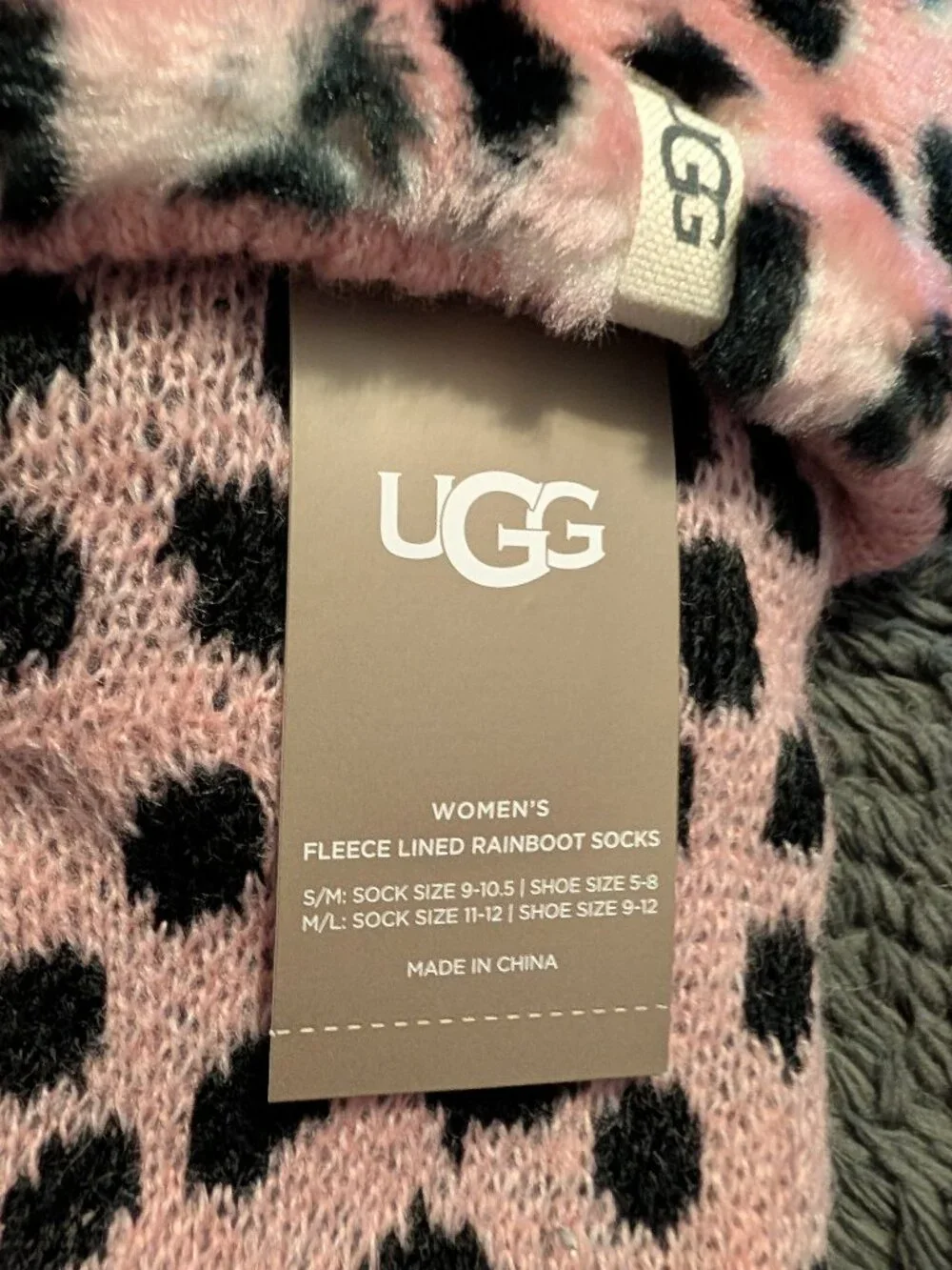 UGG Women's Fleece Lined Rainboot Socks Pink Scallop Cheetah ~ S/M